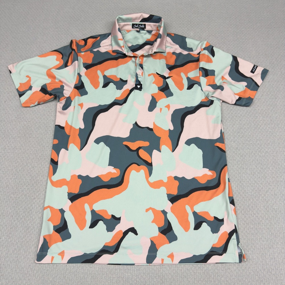 Bad Birdie Polo Shirt Mens Medium Orange Mint Camo Performance Golf Stretch